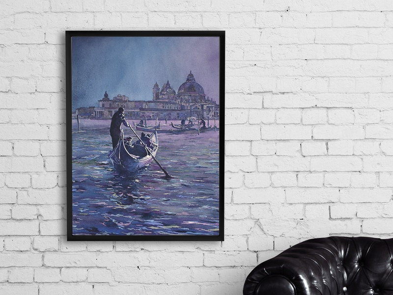 Venice Italy art print featuring gondolier and baroque church in a dreamy watercolor style.