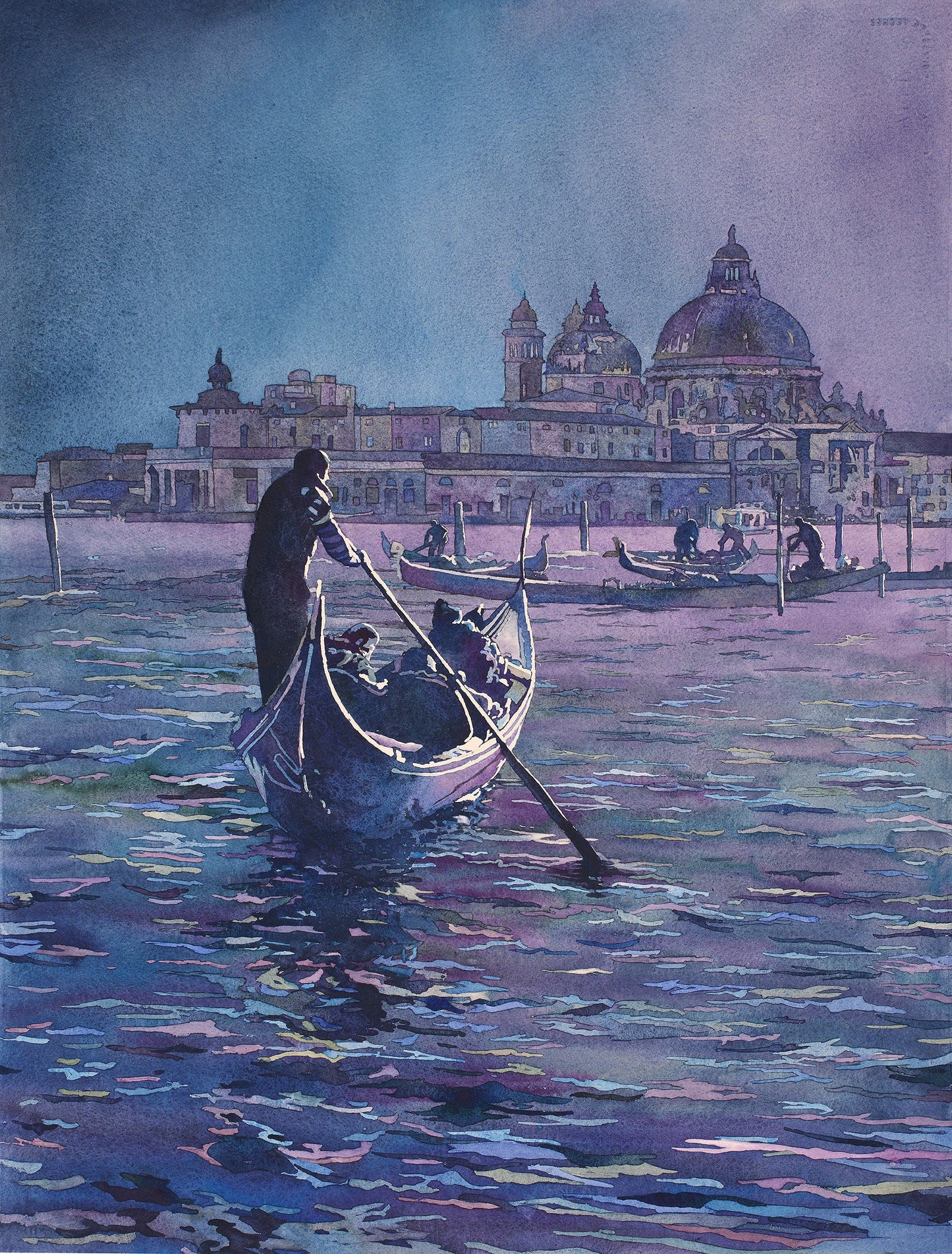 Elegant watercolor of medieval Venice showcasing gondolas and illuminated church domes.