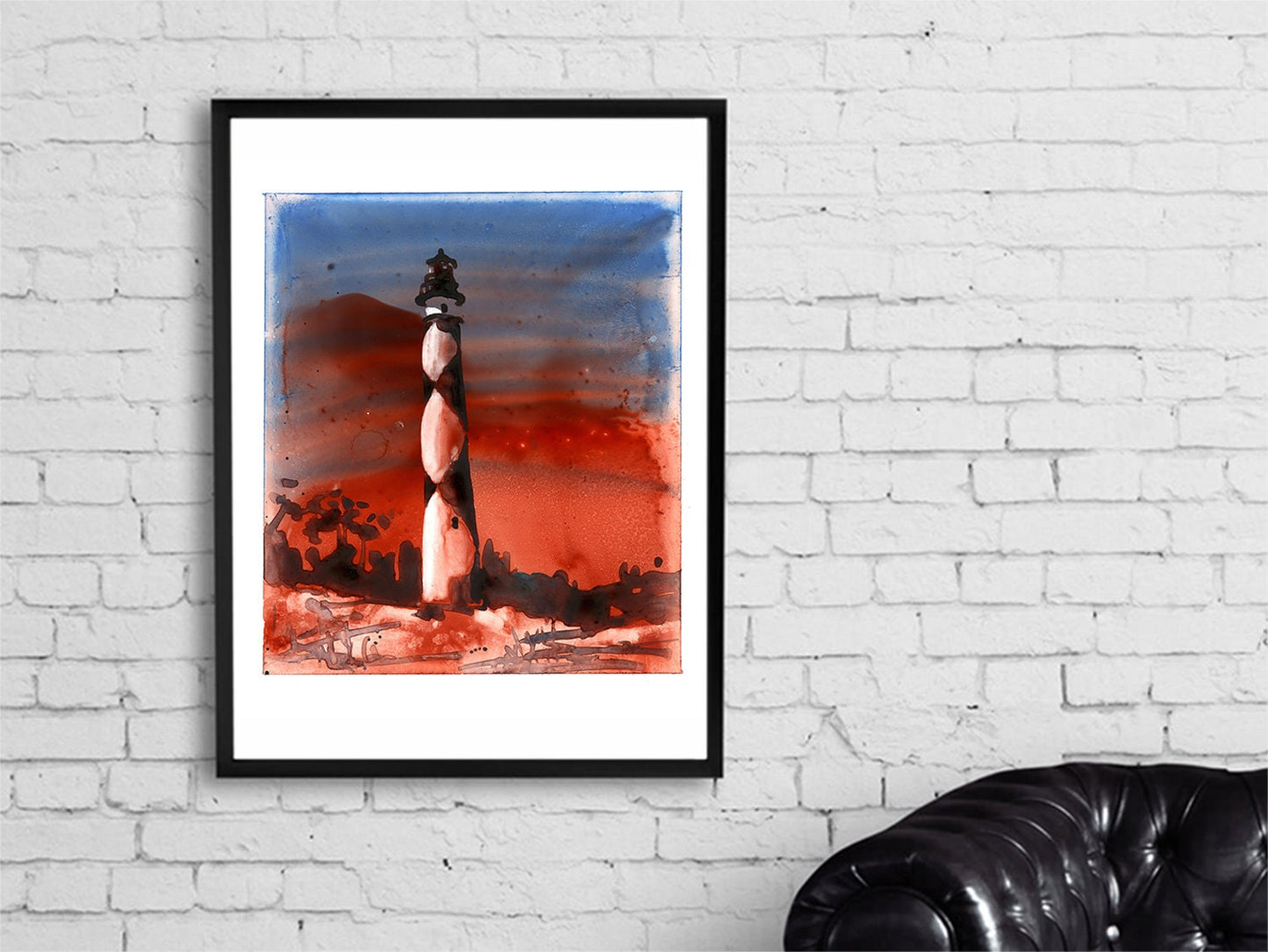 Faro de Cape Lookout en los Outer Banks de Carolina del Norte, EE.UU. al atardecer. Pintura del faro de arte de Outer Banks, Carolina del Norte (impresión)