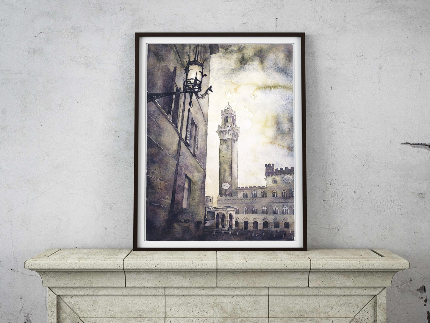 Piazza del Campo in medieval city of Siena, Italy. Watercolor painting of Tower of Mangia in the Pubblico Palace in Siena Italy artwork (print)