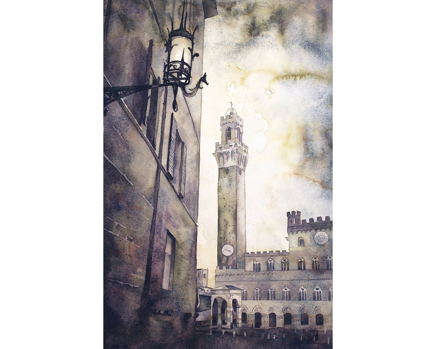 Piazza del Campo in medieval city of Siena, Italy. Watercolor painting of Tower of Mangia in the Pubblico Palace in Siena Italy artwork (print)