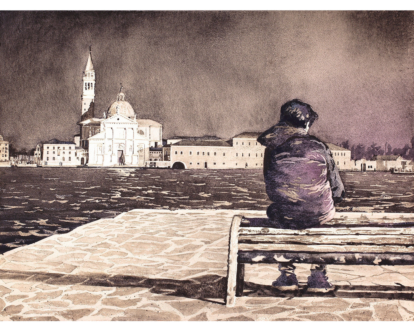 Obra de arte de Venecia, Italia. Niño sentado en un banco frente a la Iglesia de San Giorgio Maggiore en Venecia, Italia. Obra monocromática en blanco y negro Italia (impresión)