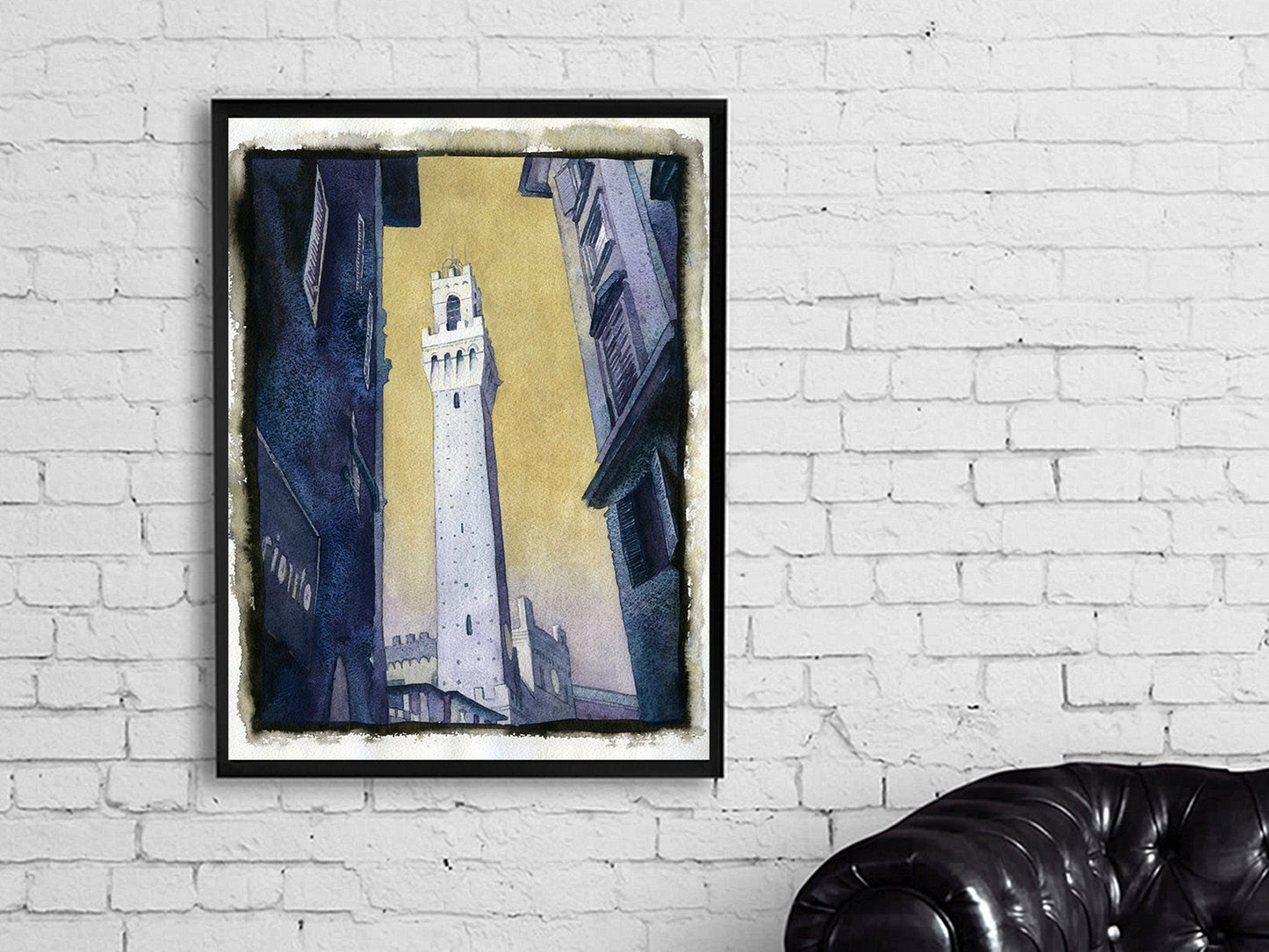 Piazza del Campo in medieval city of Siena, Italy. Watercolor painting of Tower of Mangia in the Pubblico Palace in Siena Italy (print)
