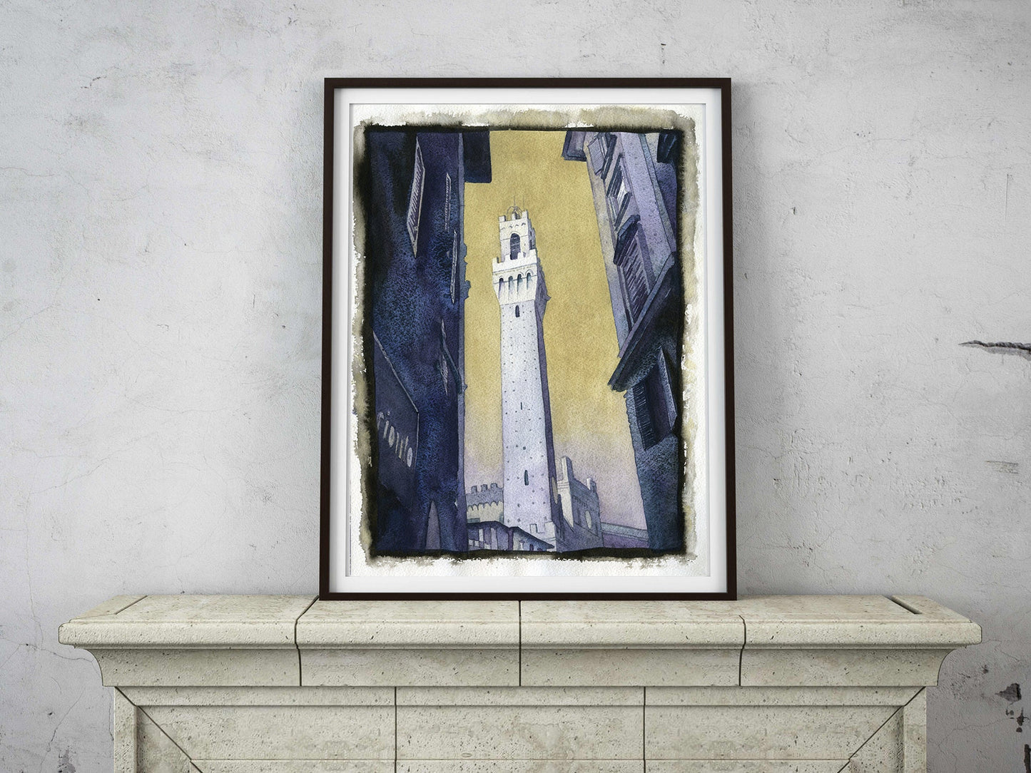 Piazza del Campo in medieval city of Siena, Italy. Watercolor painting of Tower of Mangia in the Pubblico Palace in Siena Italy (print)