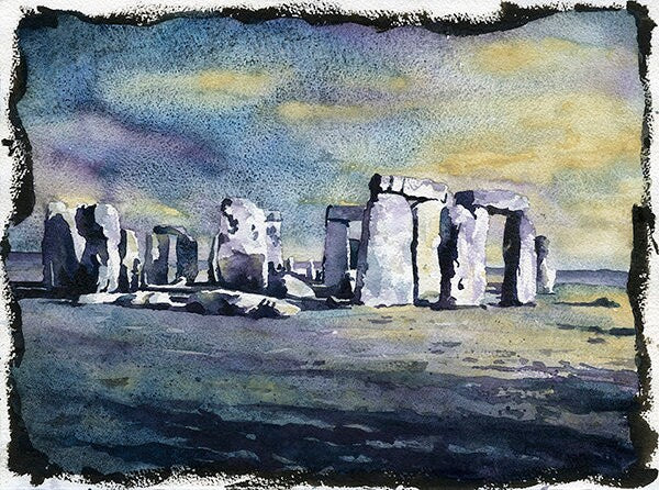 Stonehenge recortada al atardecer. Stonehenge pared arte puesta de sol acuarela pintura amarillo Stonehenge arte pared decoración famosas ruinas Inglaterra arte