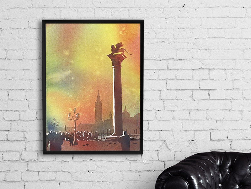 Pintura de acuarela de Venecia, Italia (original). Pintura acuarela de bellas artes de la Plaza del León de San Marcos en Venecia, Italia al atardecer