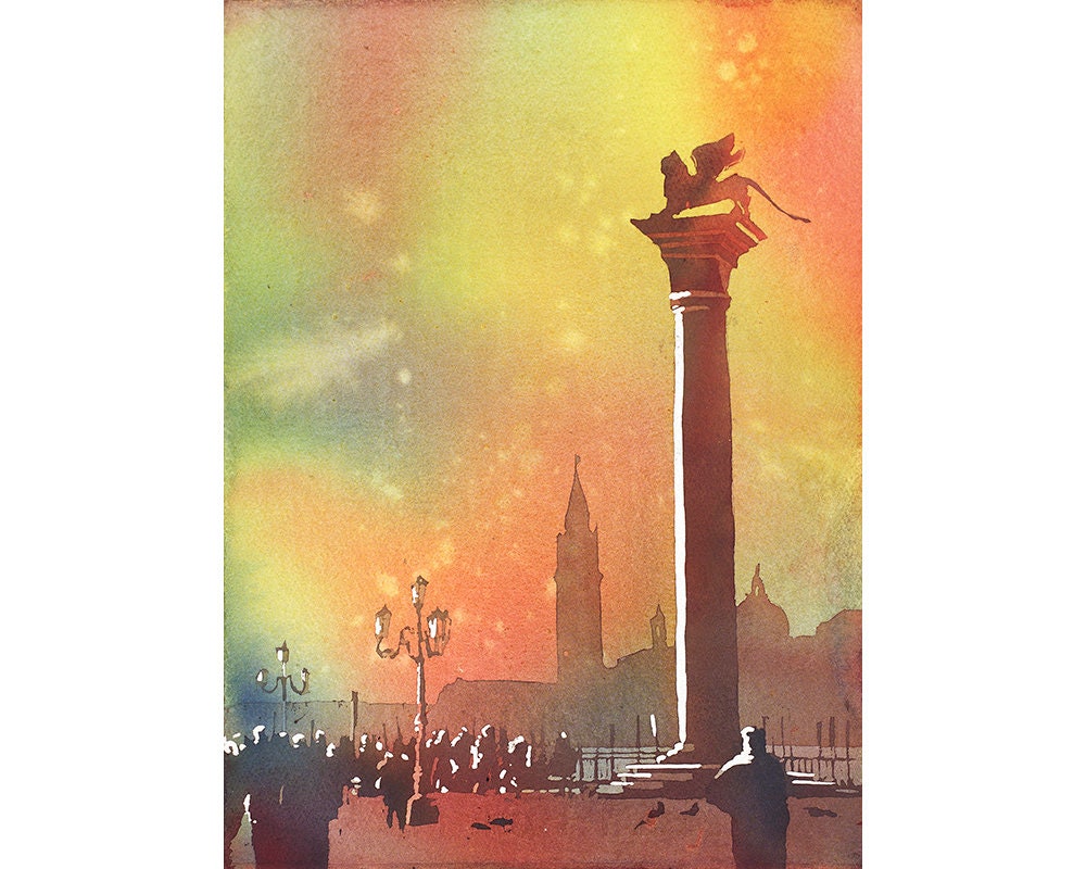 Pintura de acuarela de Venecia, Italia (original). Pintura acuarela de bellas artes de la Plaza del León de San Marcos en Venecia, Italia al atardecer