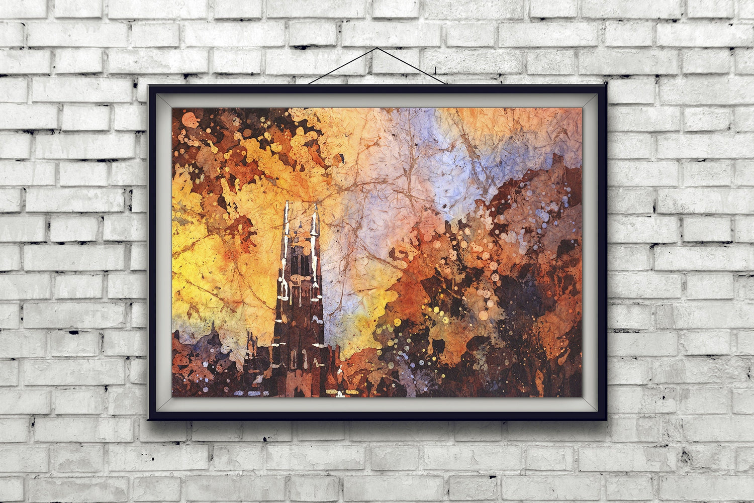 Handcrafted watercolor art of Duke Chapel set against a vivid sky, often chosen as a graduation gift, alumni tribute, or meaningful piece of Duke memorabilia.
