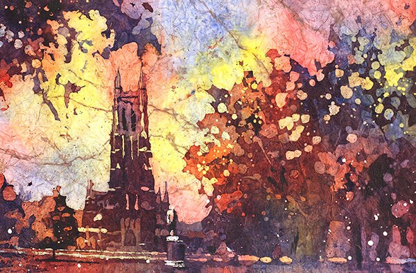 A sunlit watercolor of Duke Chapel at Duke University in Durham, captured in soft pastel tones, a perfect print for home decor or graduation gift for her.