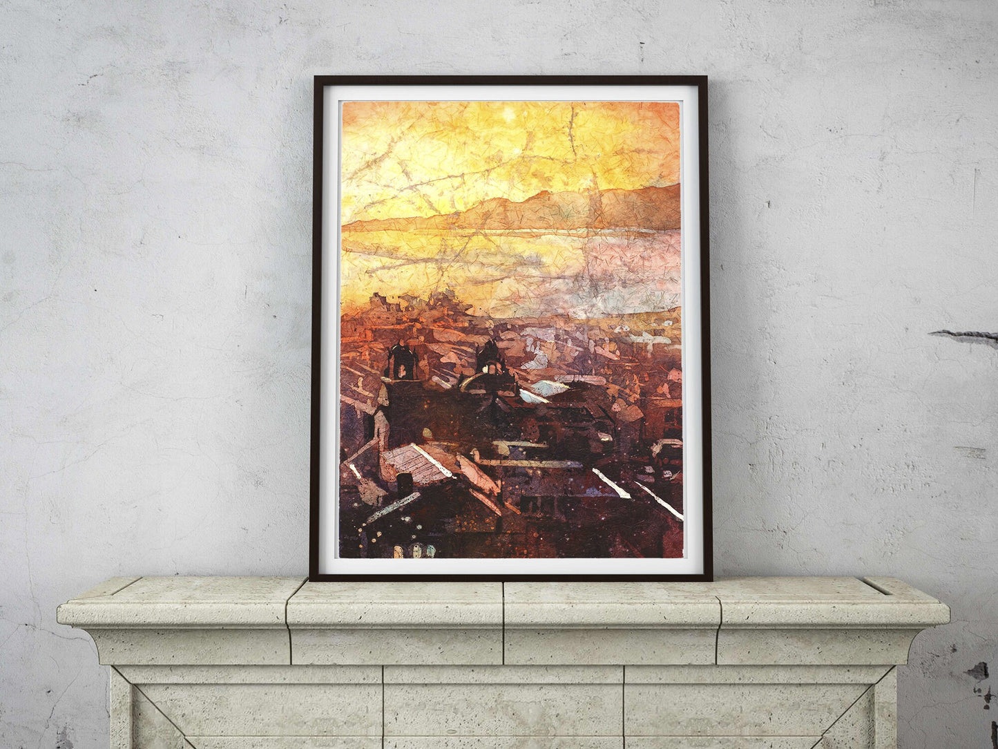 Pintura acuarela de la catedral barroca del siglo XVIII en Puno, Perú, en el lago Titicaca al amanecer. Pintura de paisaje del amanecer Obra de arte de Perú