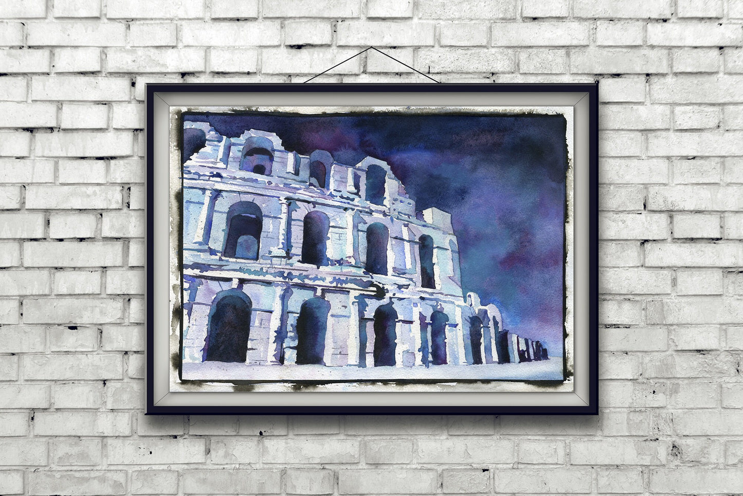 Coliseo Romano en la ciudad de El-Djem, Túnez. Pintura acuarela del Coliseo Romano en Túnez África, arte mural Coliseo, ruinas Túnez