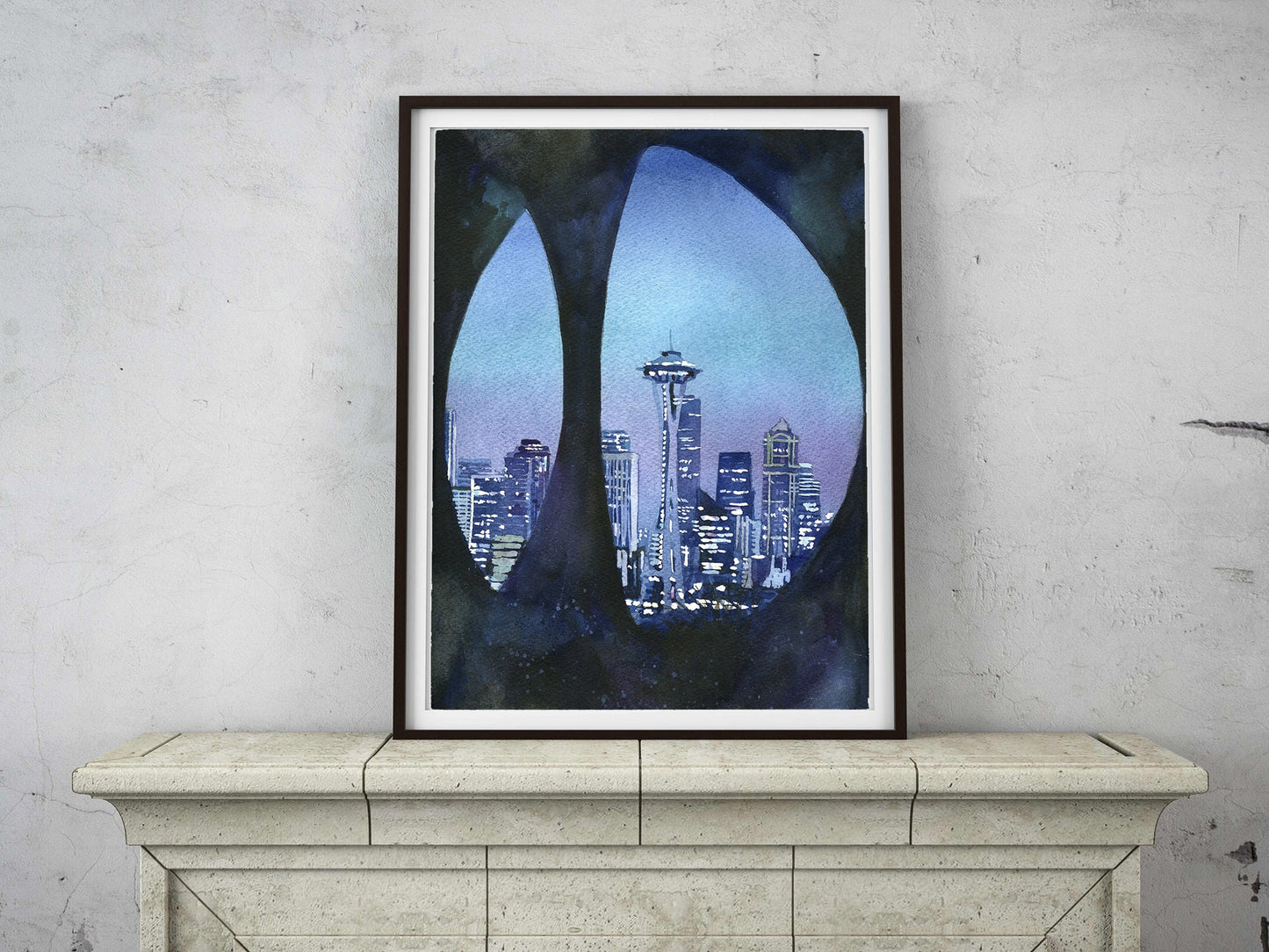 Horizonte de Seattle, WA con Space Needle visto a través de la escultura en Queen Ann Hill. Seattle arte horizonte pintura acuarela azul