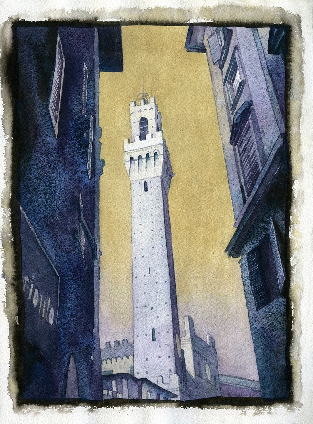 Piazza del Campo in medieval city of Siena, Italy. Watercolor painting of Tower of Mangia in the Pubblico Palace in Siena Italy (print)