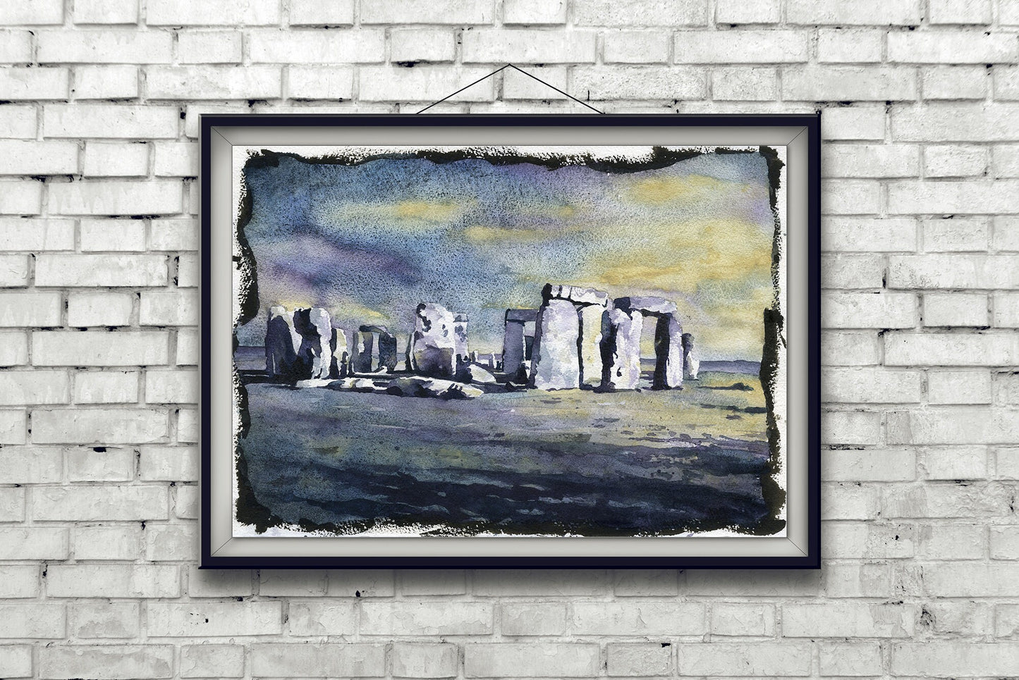 Stonehenge recortada al atardecer. Stonehenge pared arte puesta de sol acuarela pintura amarillo Stonehenge arte pared decoración famosas ruinas Inglaterra arte