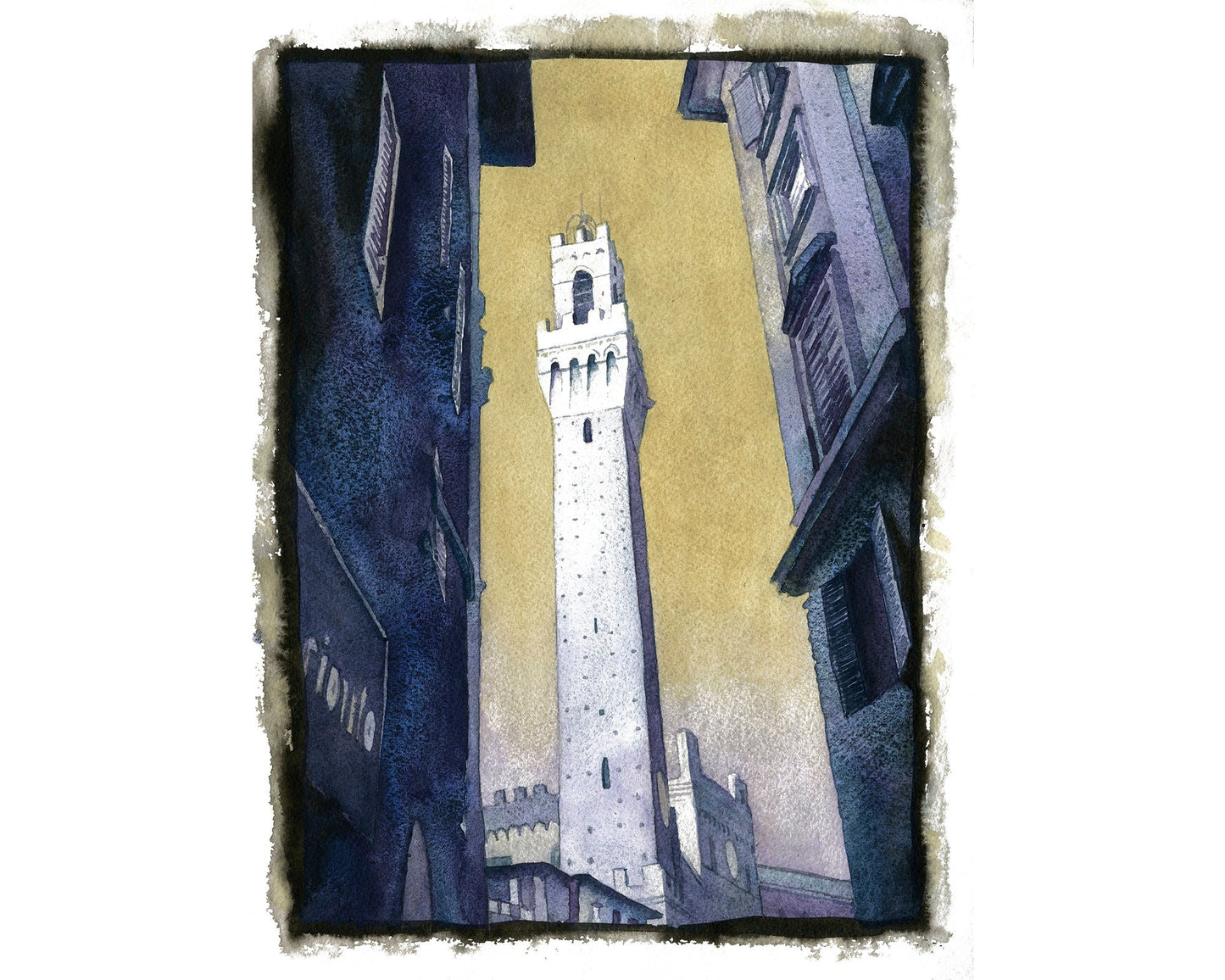 Piazza del Campo in medieval city of Siena, Italy. Watercolor painting of Tower of Mangia in the Pubblico Palace in Siena Italy (print)