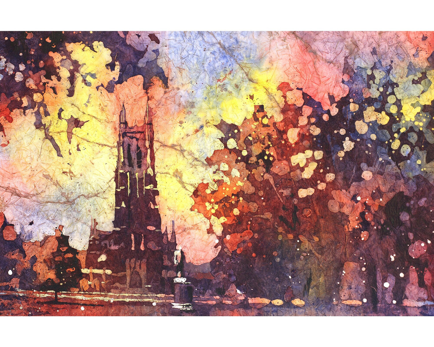Vibrant Duke Chapel watercolor print highlighting the gothic architecture of Duke University, perfect for alumni presents or North Carolina-themed home decor.