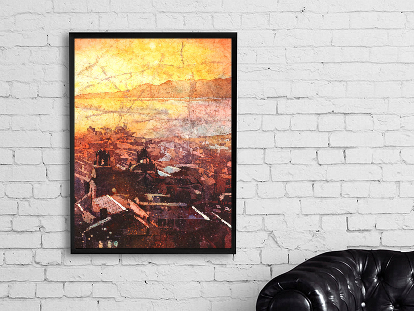 Pintura acuarela de la catedral barroca del siglo XVIII en Puno, Perú, en el lago Titicaca al amanecer. Pintura de paisaje del amanecer Obra de arte de Perú