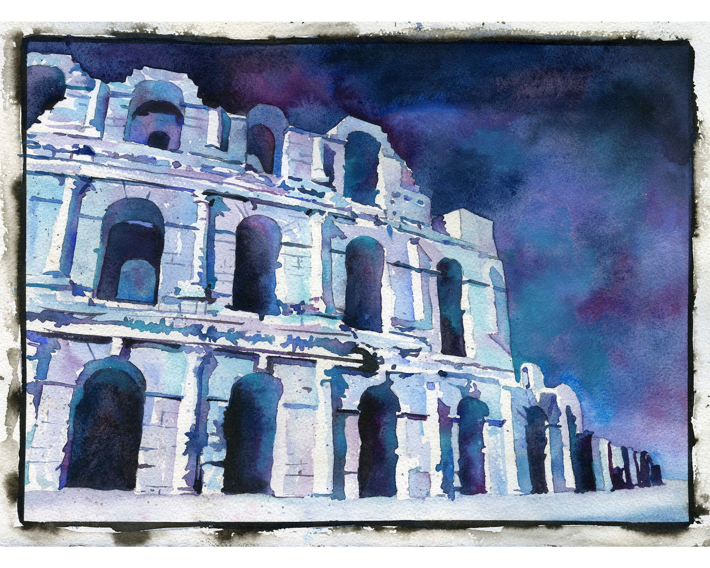Coliseo Romano en la ciudad de El-Djem, Túnez. Pintura acuarela del Coliseo Romano en Túnez África, arte mural Coliseo, ruinas Túnez