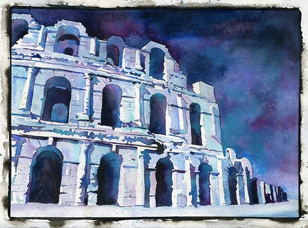Coliseo Romano en la ciudad de El-Djem, Túnez. Pintura acuarela del Coliseo Romano en Túnez África, arte mural Coliseo, ruinas Túnez