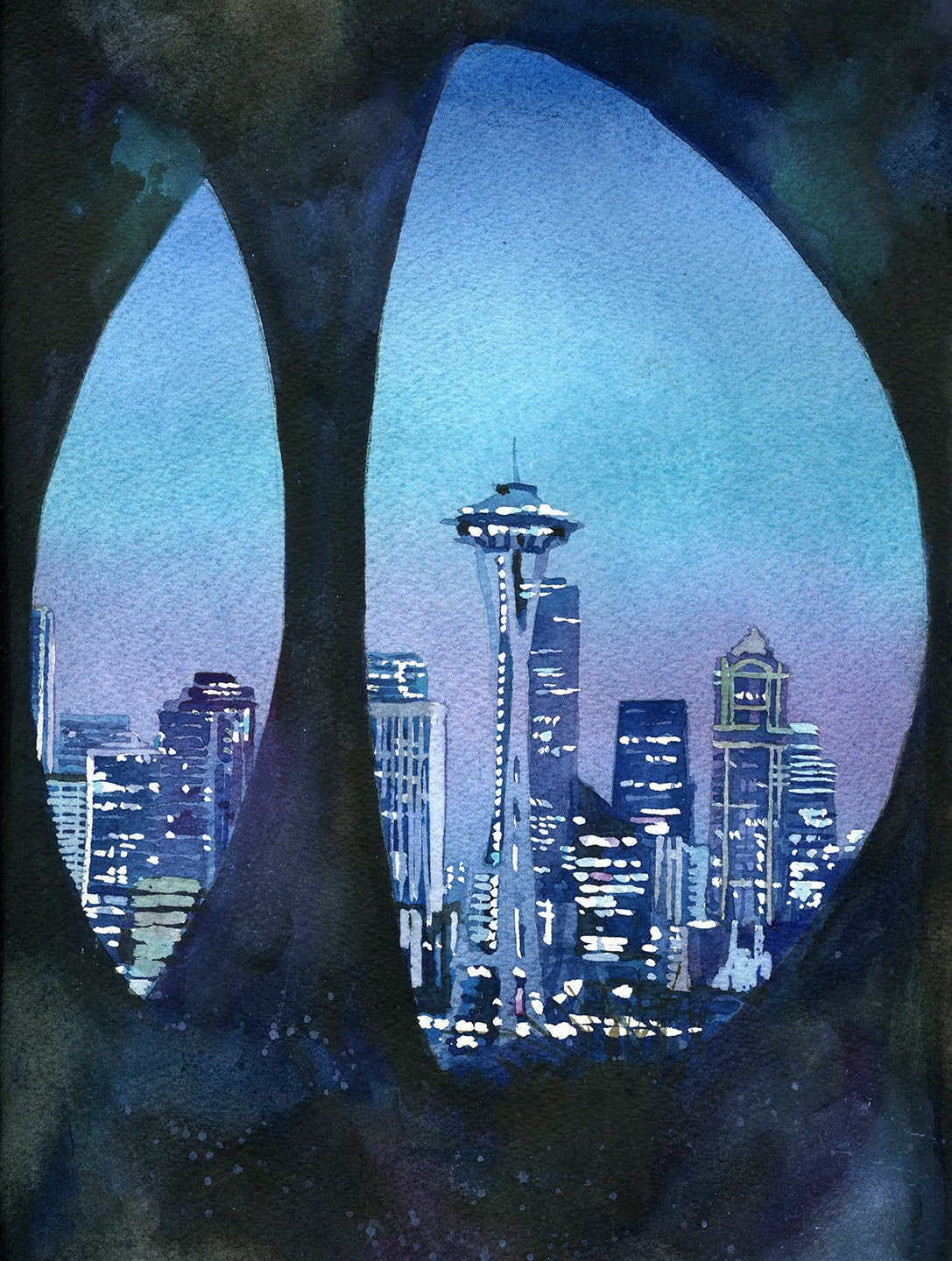 Horizonte de Seattle, WA con Space Needle visto a través de la escultura en Queen Ann Hill. Seattle arte horizonte pintura acuarela azul