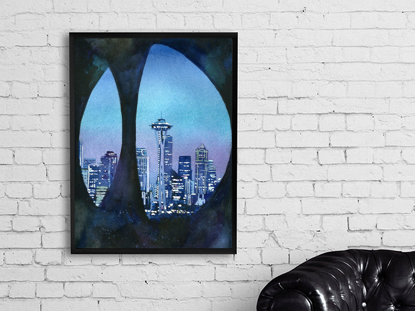 Horizonte de Seattle, WA con Space Needle visto a través de la escultura en Queen Ann Hill. Seattle arte horizonte pintura acuarela azul