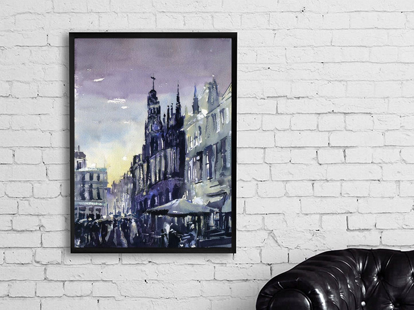 La Maison du Roi (Grand Museum) on the Grand Place of Brussels in downtown Brussels illuminated at night. Brussels artwork watercolor (print)