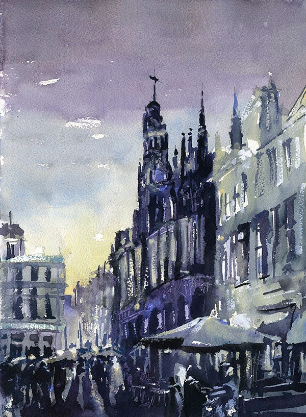 La Maison du Roi (Grand Museum) on the Grand Place of Brussels in downtown Brussels illuminated at night. Brussels artwork watercolor (print)