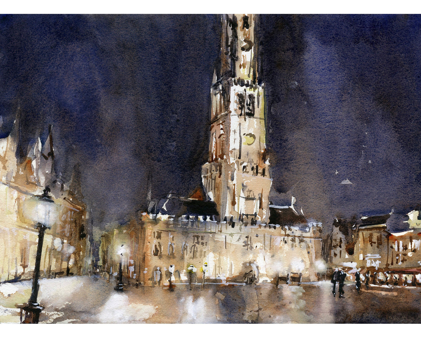 Arte de Brujas. Campanario medieval en el centro de Brujas, Bélgica. Pintura en acuarela de la obra de arte del horizonte del campanario de Brujas, Bélgica (impresión)