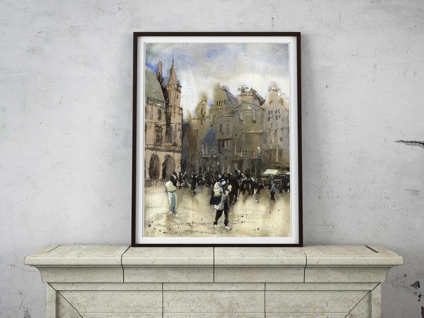 Grand Place of Brussels in downtown Brussels illuminated at night. Brussels artwork watercolor painting fine art Brussels skyline (print)