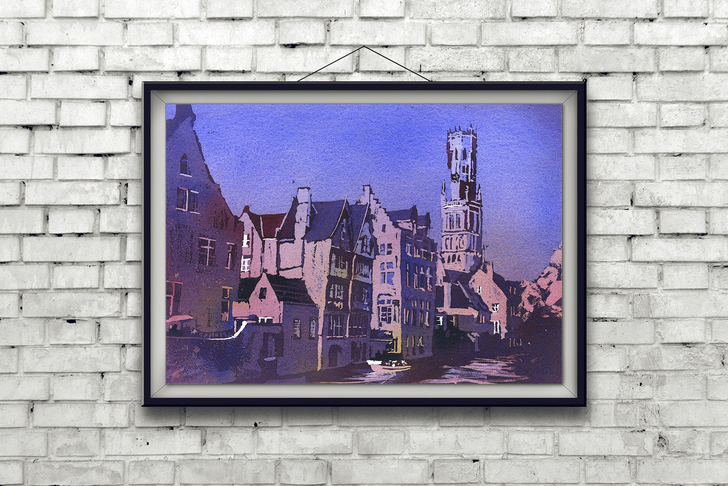 Bruges Belgium medieval bell tower in the centre of Bruges, Belgium.  Watercolor painting of Bruges church art Europe Bruges home decor (print)