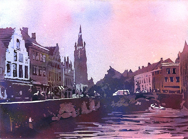 Iglesia que se eleva sobre edificios medievales de Brujas, Bélgica, en la plaza Jan Van Eyck. Pintura de acuarela de Brujas Bélgica arte acuarela azul (impresión)