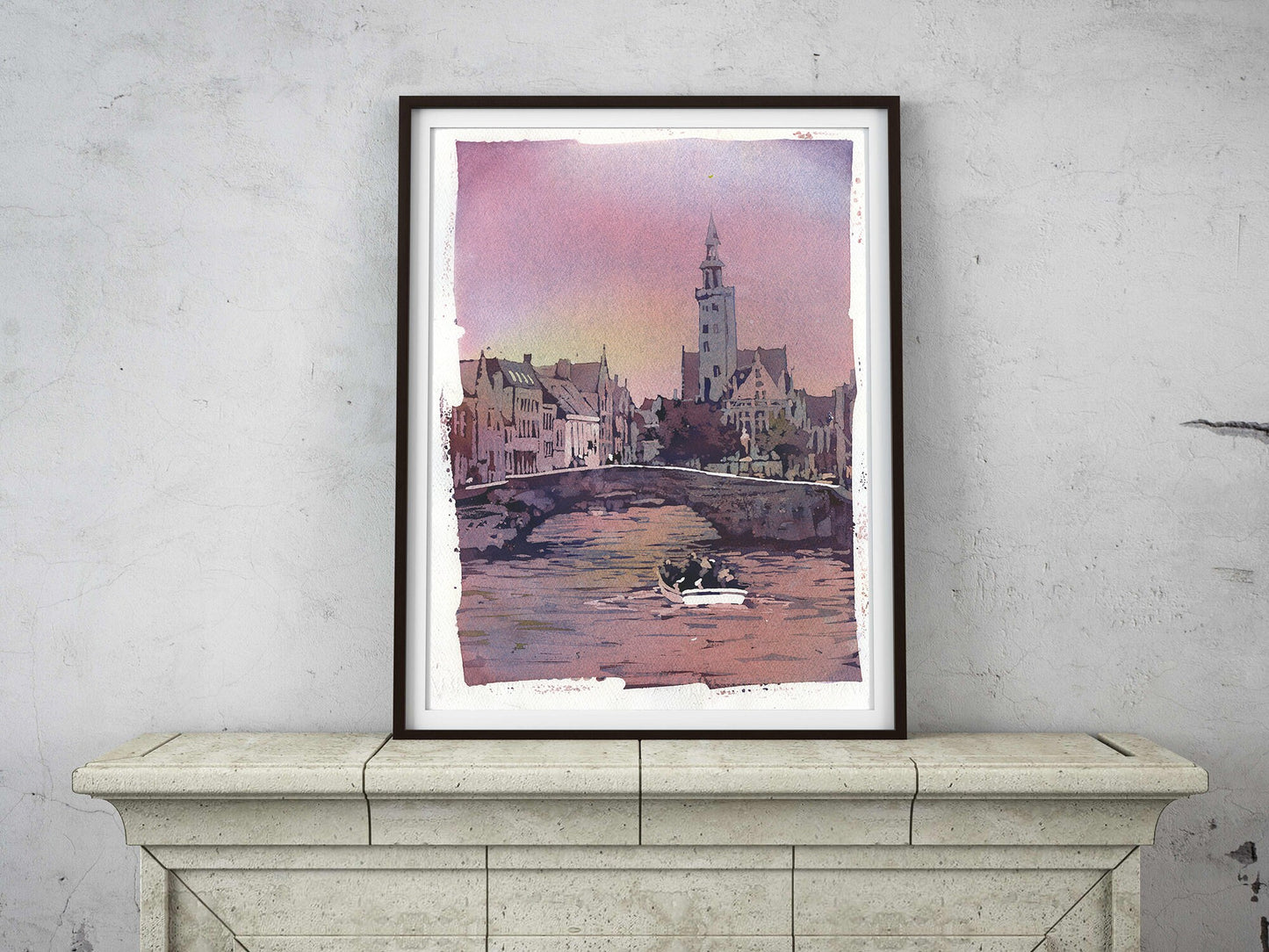 Iglesia que se eleva sobre edificios medievales de Brujas, Bélgica, en la plaza Jan Van Eyck. Pintura en acuarela del arte de Brujas Bélgica (impresión)
