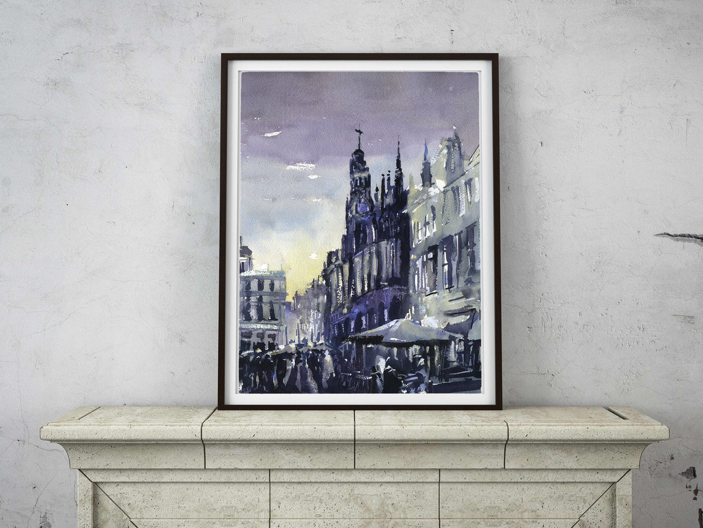 La Maison du Roi (Grand Museum) on the Grand Place of Brussels in downtown Brussels illuminated at night. Brussels artwork watercolor (print)