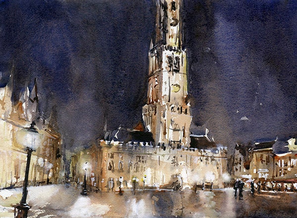 Arte de Brujas. Campanario medieval en el centro de Brujas, Bélgica. Pintura en acuarela de la obra de arte del horizonte del campanario de Brujas, Bélgica (impresión)