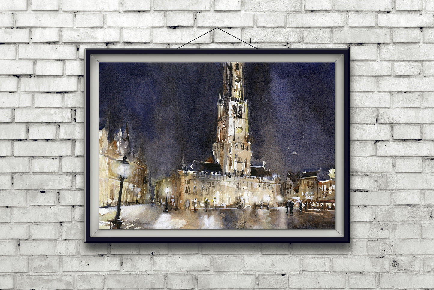 Arte de Brujas. Campanario medieval en el centro de Brujas, Bélgica. Pintura en acuarela de la obra de arte del horizonte del campanario de Brujas, Bélgica (impresión)