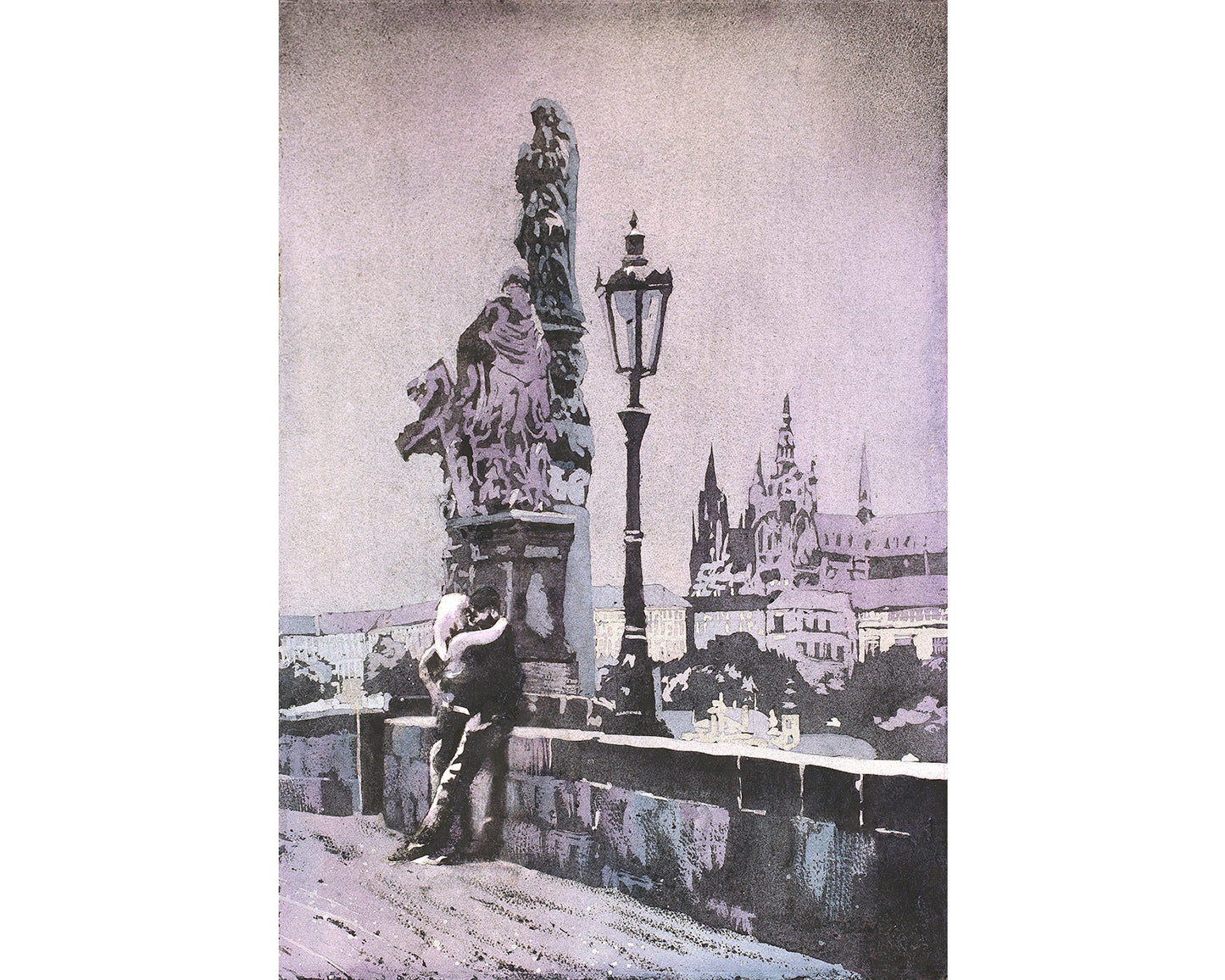 Couple kissing on Charles Bridge with Prague Castle in background- Czech Republic.  Prague artwork Charles Bridge painting (print)
