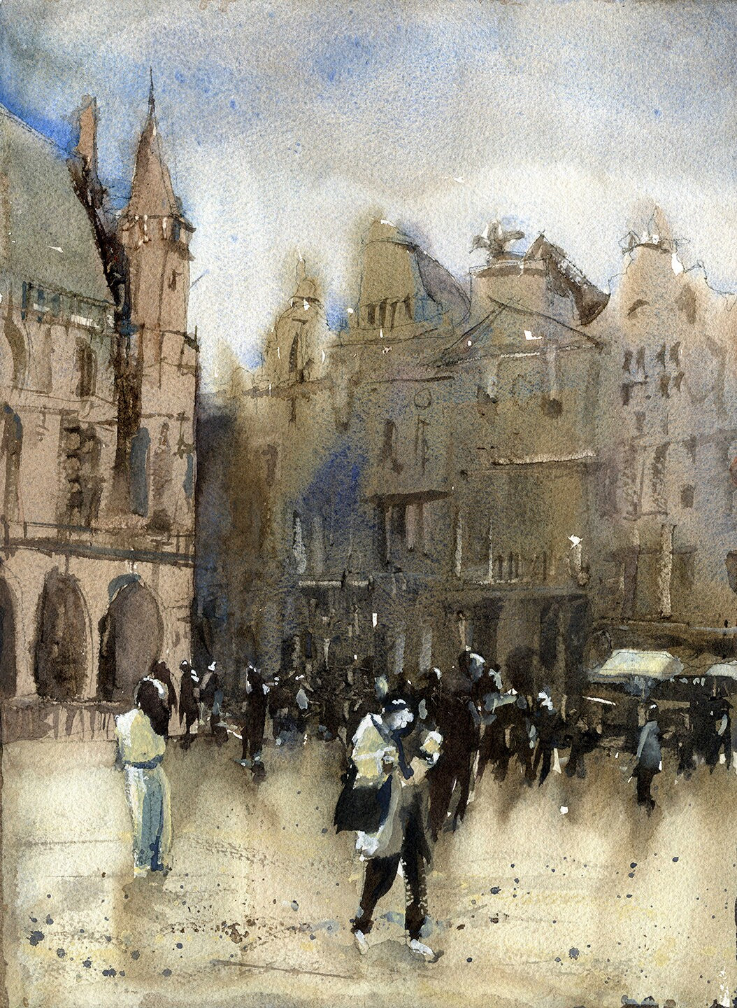 Grand Place of Brussels in downtown Brussels illuminated at night. Brussels artwork watercolor painting fine art Brussels skyline (print)