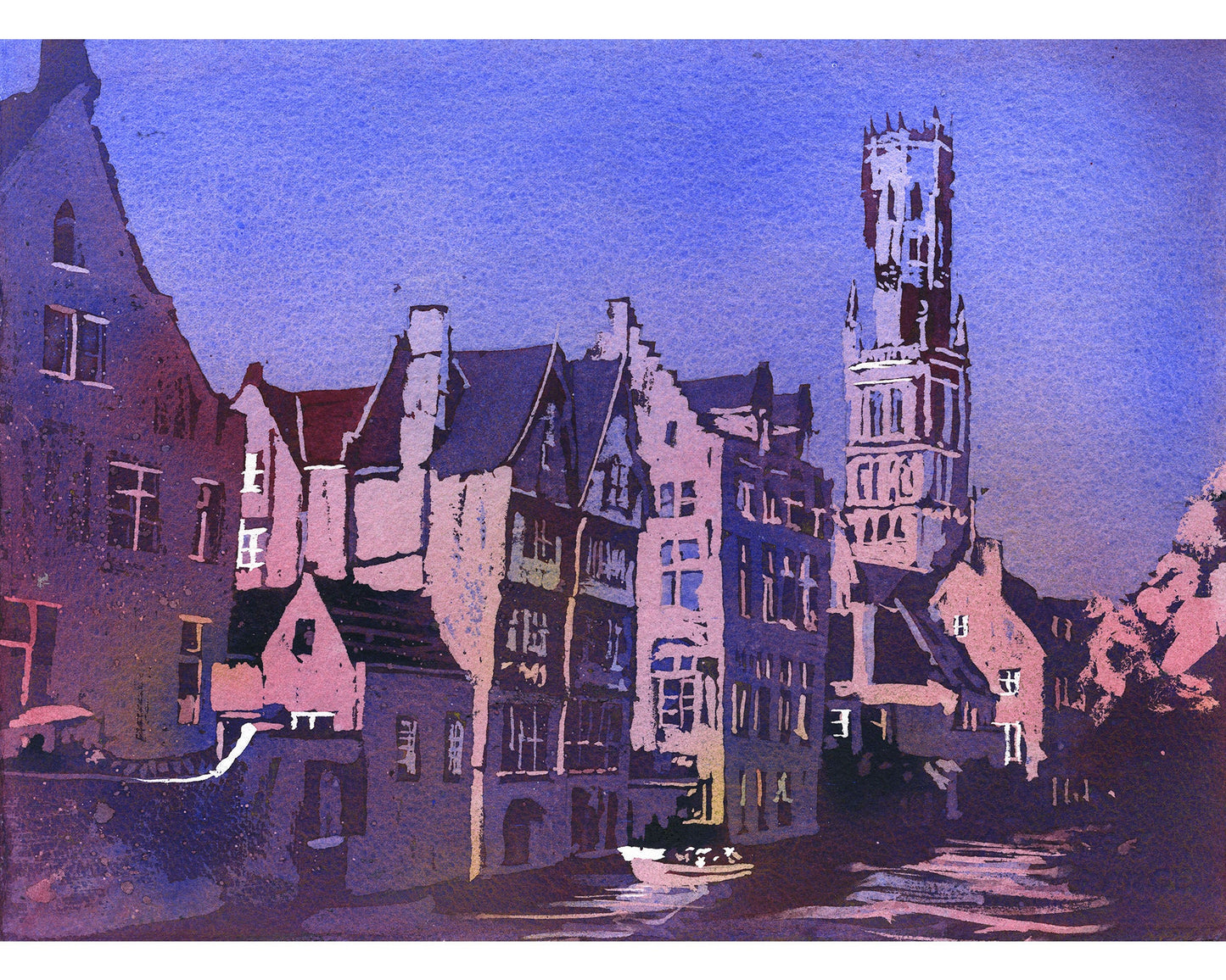 Bruges Belgium medieval bell tower in the centre of Bruges, Belgium.  Watercolor painting of Bruges church art Europe Bruges home decor (print)
