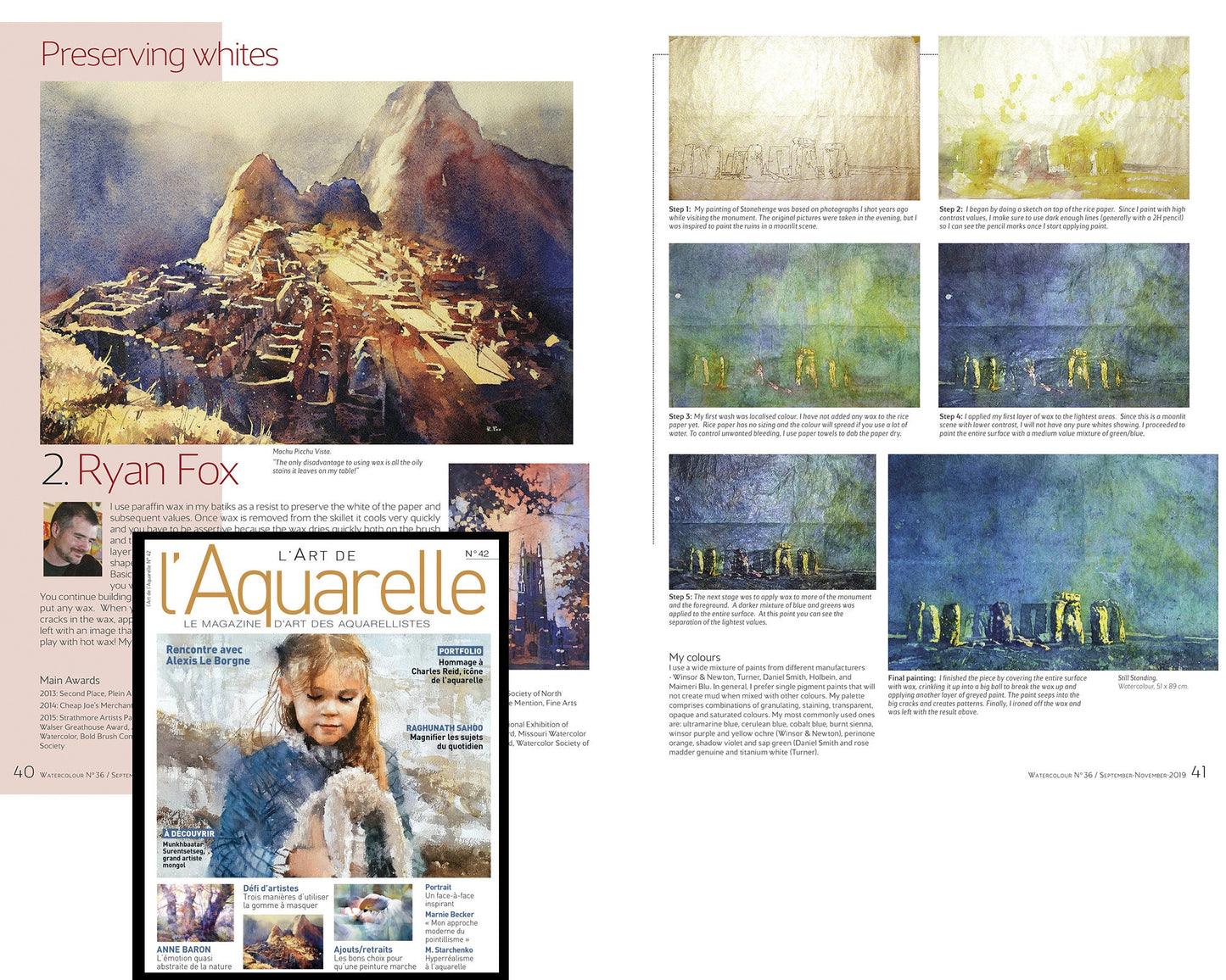 Feature spread of Raleigh artist Ryan Fox in The Art of Watercolour magazine, showcasing his award-winning batik-style watercolor paintings of Brooklyn Bridge and downtown Philadelphia. The article highlights Ryan's innovative use of wax resist techniques and his unique travel-inspired artwork. Keywords: Ryan Fox watercolor artist, original watercolor painting, interior design wall art, art for home or office, gift for him or her, travel-inspired fine art prints, real handmade watercolor.