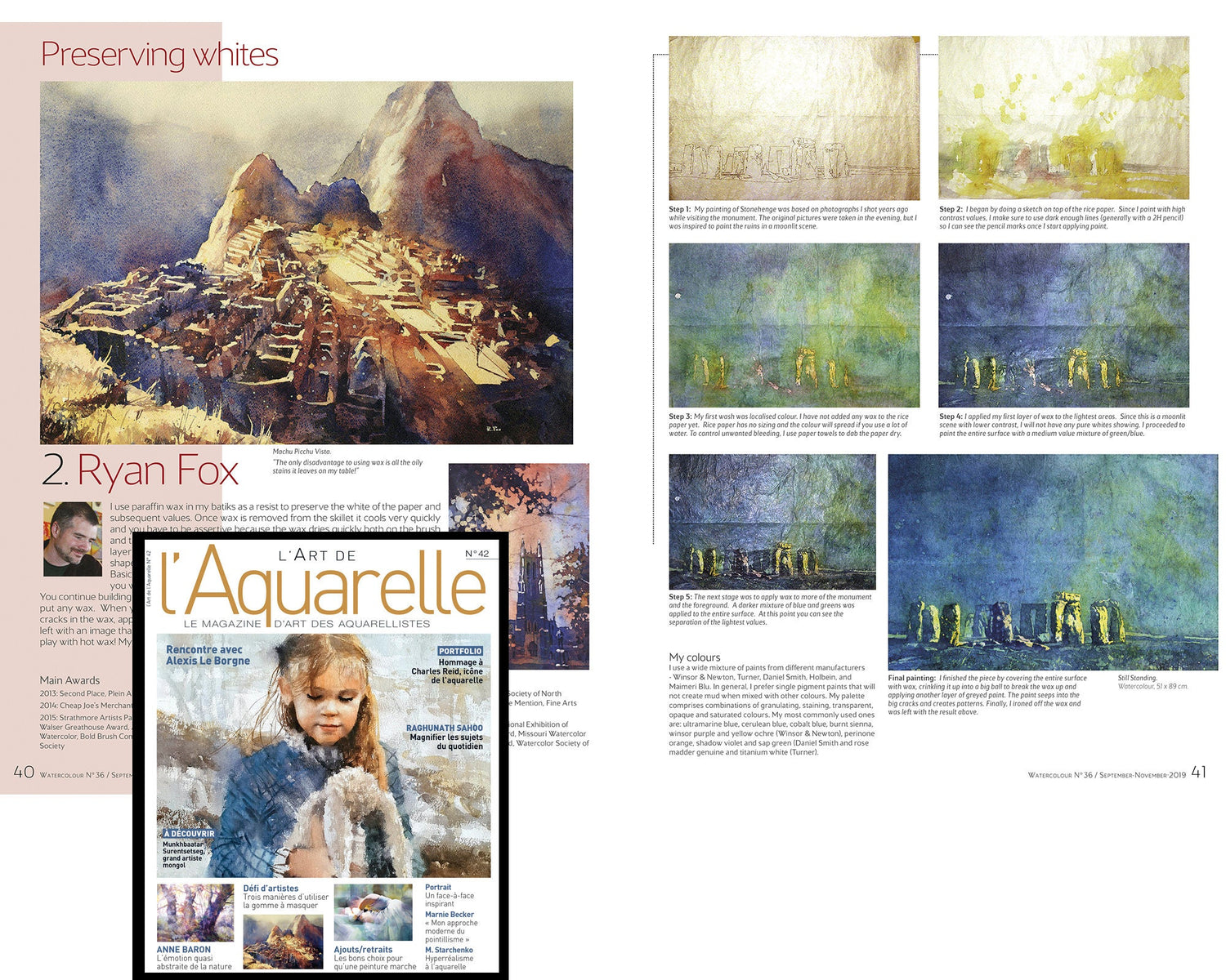 Feature spread of Raleigh artist Ryan Fox in The Art of Watercolour magazine, showcasing his award-winning batik-style watercolor paintings of Brooklyn Bridge and downtown Philadelphia. The article highlights Ryan's innovative use of wax resist techniques and his unique travel-inspired artwork. Keywords: Ryan Fox watercolor artist, original watercolor painting, interior design wall art, art for home or office, gift for him or her, travel-inspired fine art prints, real handmade watercolor.