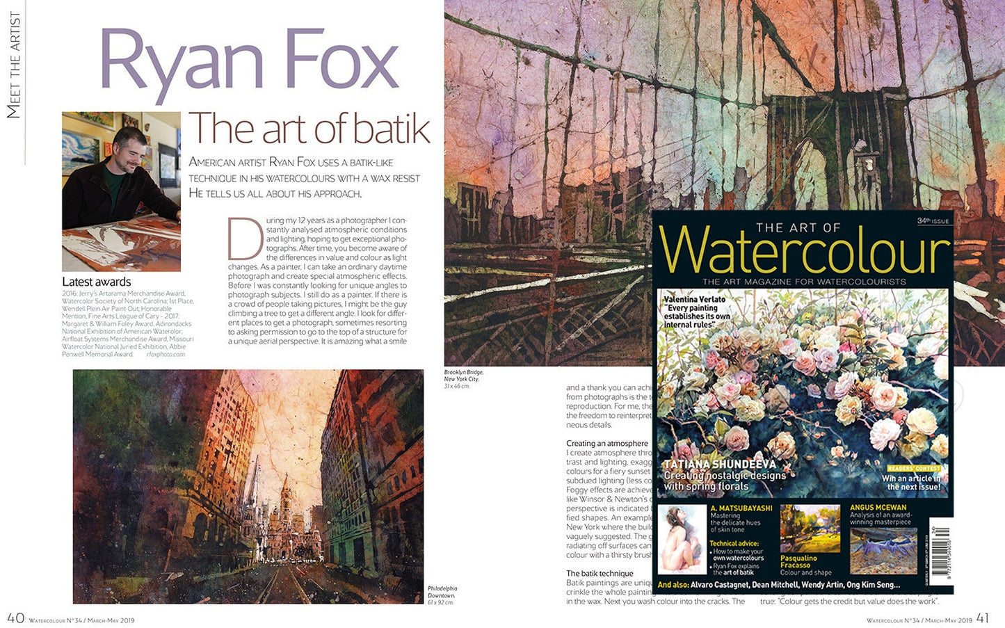 Feature article spotlighting Raleigh watercolor artist Ryan Fox in The Art of Watercolour magazine, showcasing his award-winning batik-style watercolor paintings of the Brooklyn Bridge and downtown Philadelphia. The spread emphasizes Ryan’s innovative wax resist technique and his travel-inspired original watercolor paintings—ideal as interior design wall art, art for home or office, or as a thoughtful gift for him or her. Perfect for collectors of real handmade watercolor and fine art prints.