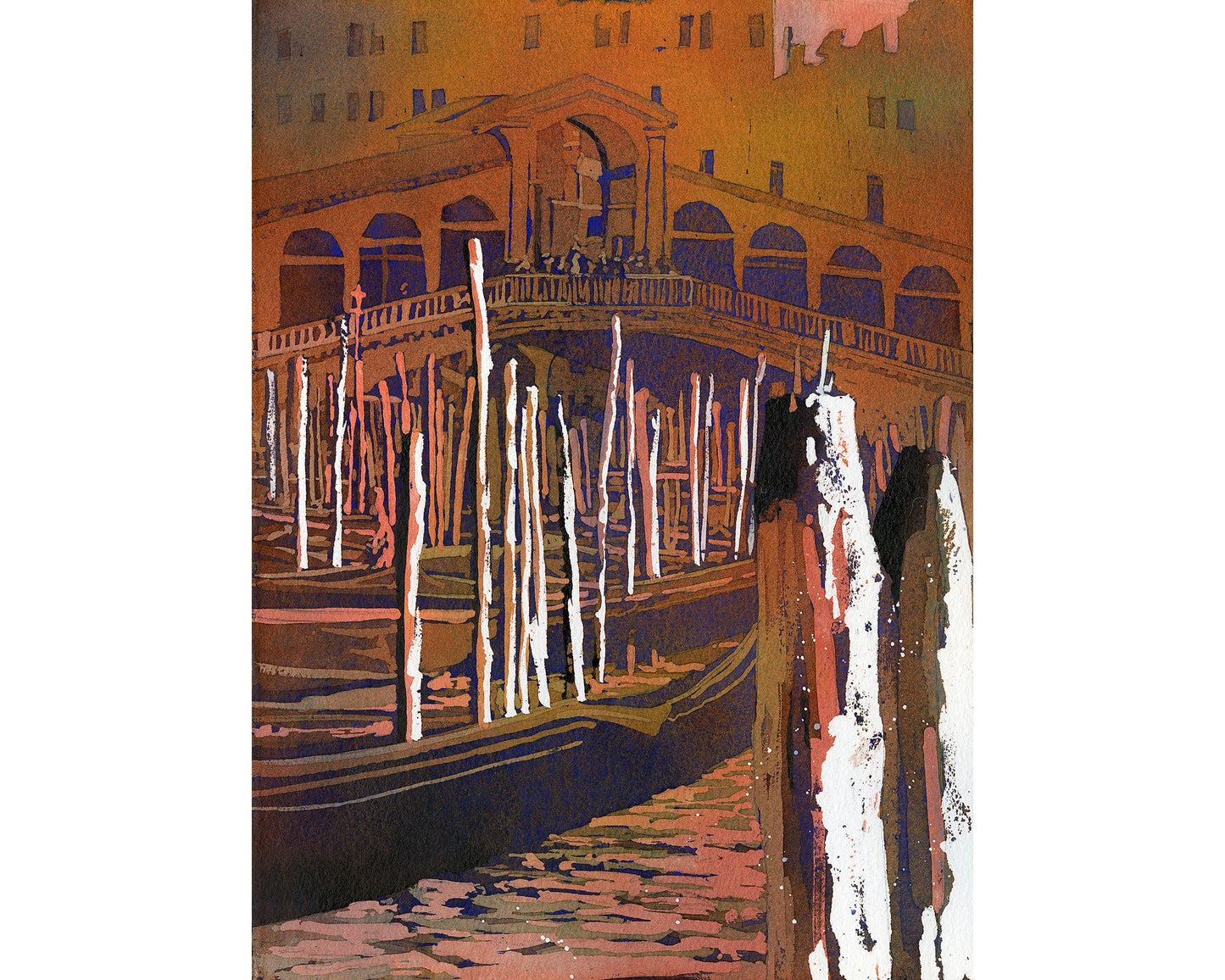 Venice, Italy fine art painting of Rialto Bridge and gondola. Watercolor painting of Venice red artwork gondola Italy Venice artwork giclee