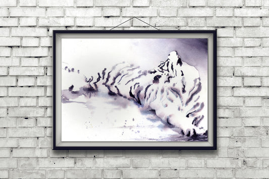 Tiger lying on ground. Tiger art watercolor painting monochromatic African tiger artwork decor big cat painting. Original watercolor art