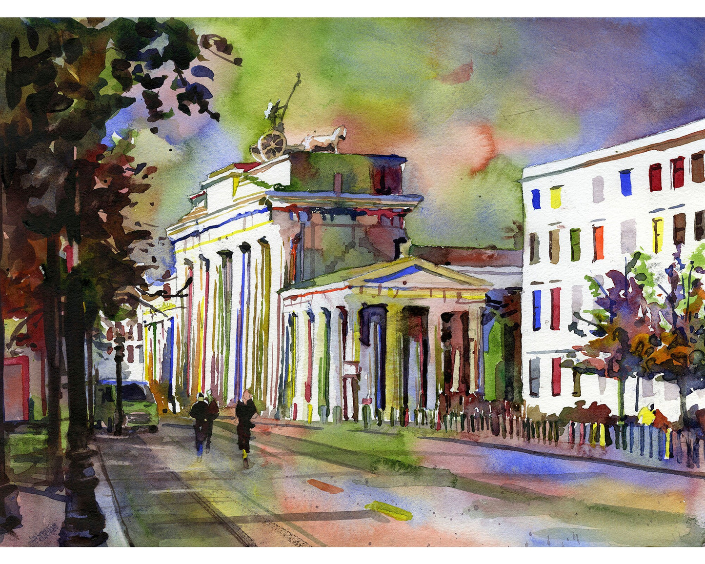 Puerta de Brandenburgo al atardecer en la ciudad de Berlín, Alemania, Europa. Pintura de la Puerta de Brandenburgo al atardecer en Berlín- Alemania, arte europeo (impresión)