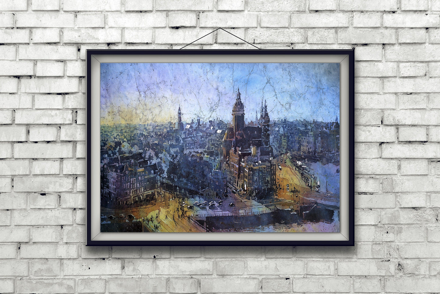 Amsterdam Skyline- Painting Amsterdam skyline art. Watercolor batik painting of Amsterdam skyline art sunset. Batik painting on Japanese ricer paper.
