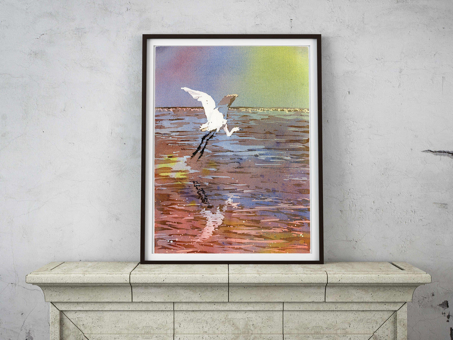 Jamaican crane flying over water in Montego Bay.  Watercolor painting crane art bird Jamaica Montego Bay ocean artwork crane colorful art (print)