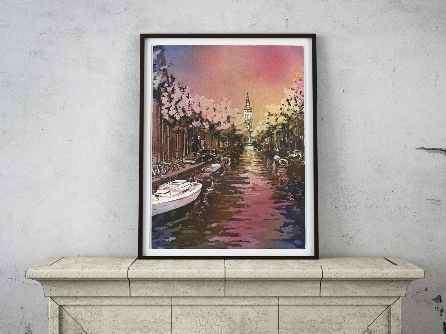Iglesia en Ámsterdam, Países Bajos, que se eleva sobre los canales de la Ámsterdam medieval. Pintura de iglesias holandesas bellas artes Amsterdam (impresión)