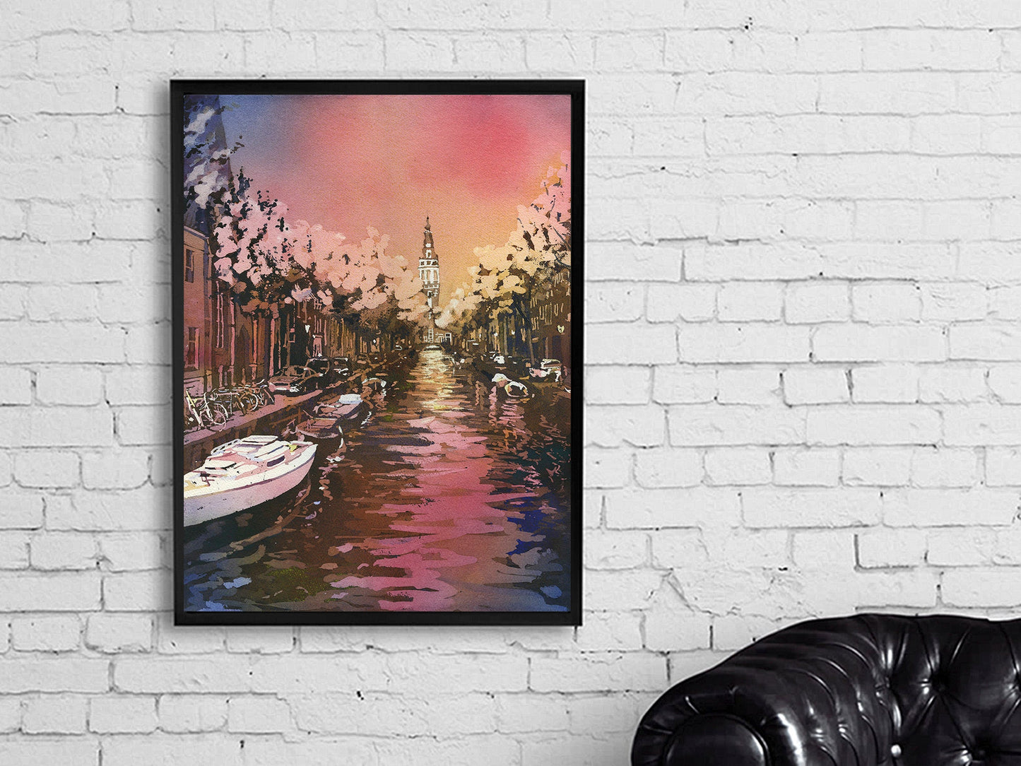 Iglesia en Ámsterdam, Países Bajos, que se eleva sobre los canales de la Ámsterdam medieval. Pintura de iglesias holandesas bellas artes Amsterdam (impresión)
