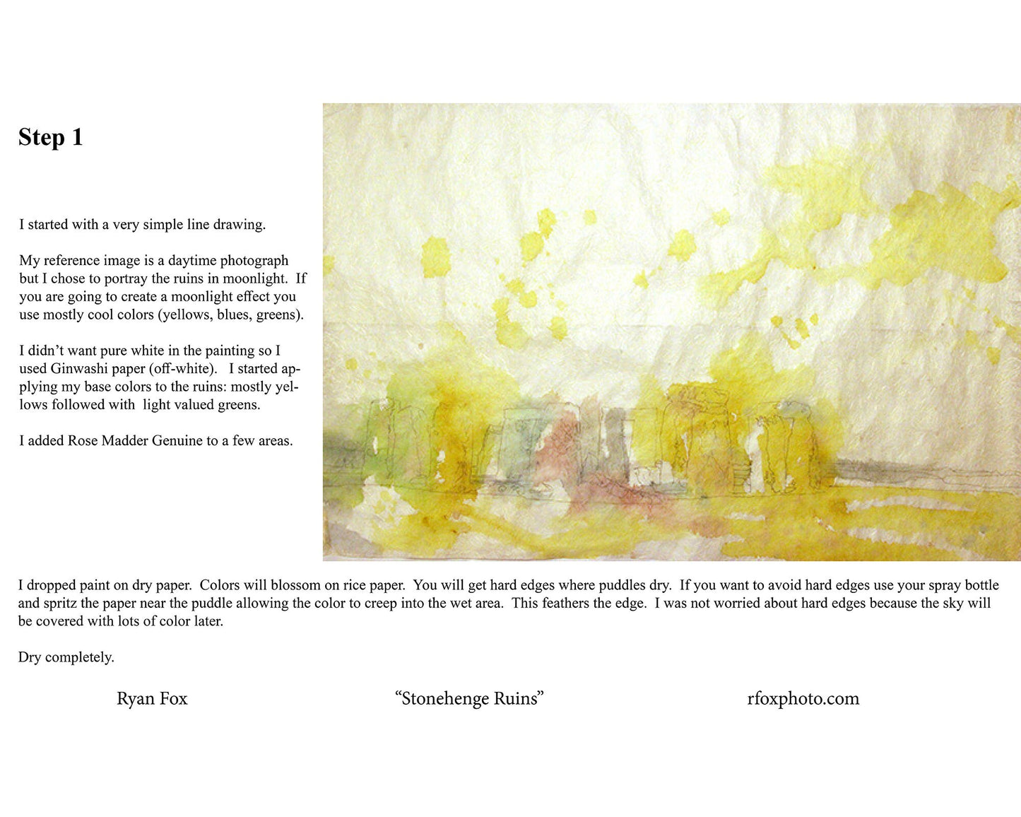 Learn to paint watercolor- Stonehenge ruins. Watercolor batik painting tutorial, art lesson PDF painting lesson batik art Stonehenge ruins