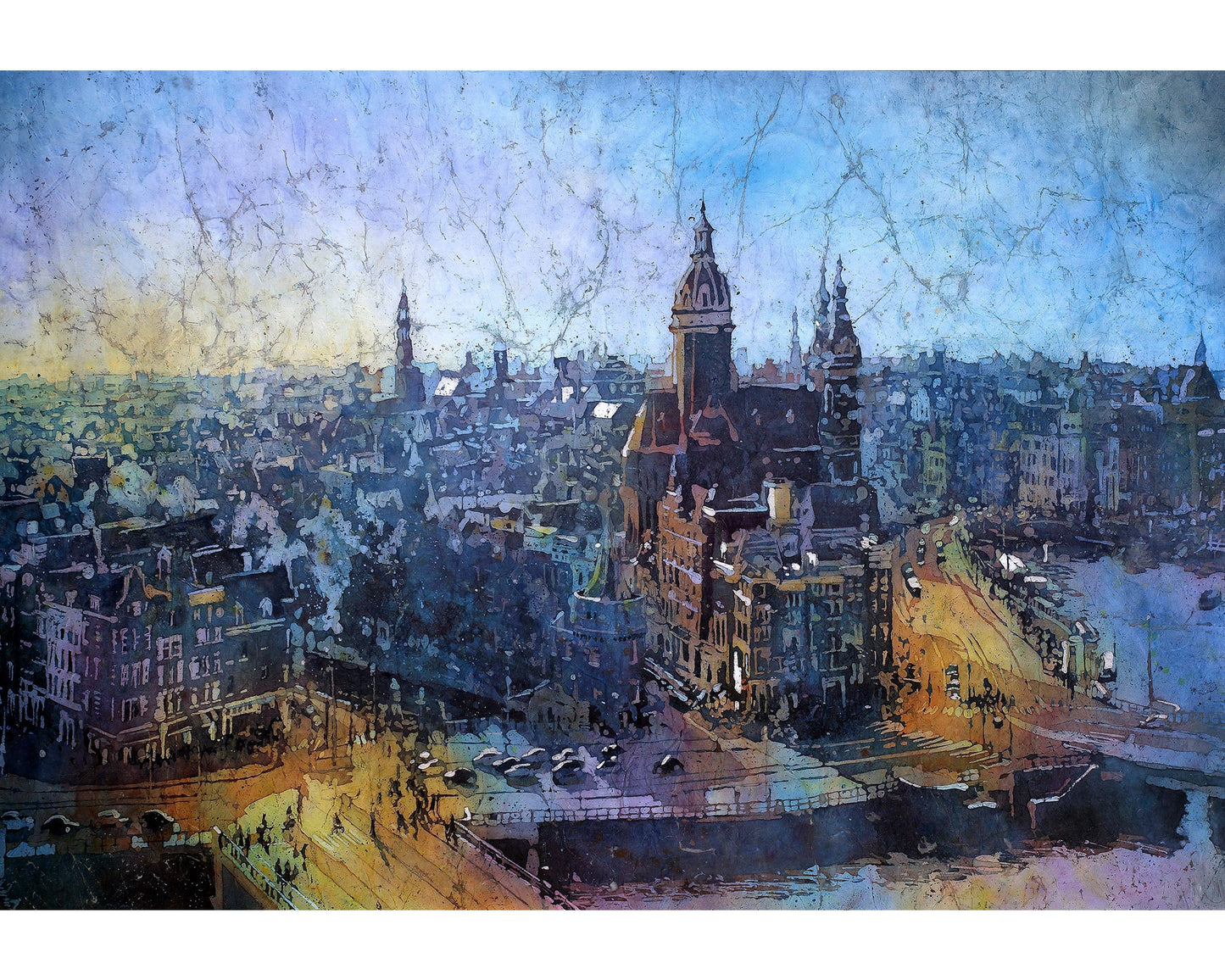 Domes of St. Nicholas and skyline of downtown medieval Amsterdam, Netherlands at sunset.